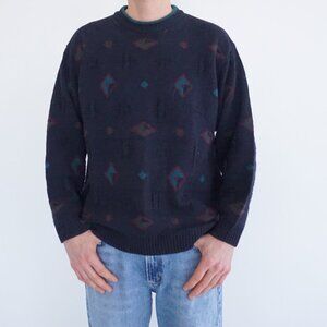 VTG Marks & Spencer Navy Diamond Geometric Knit Crewneck Sweater Collegiate L